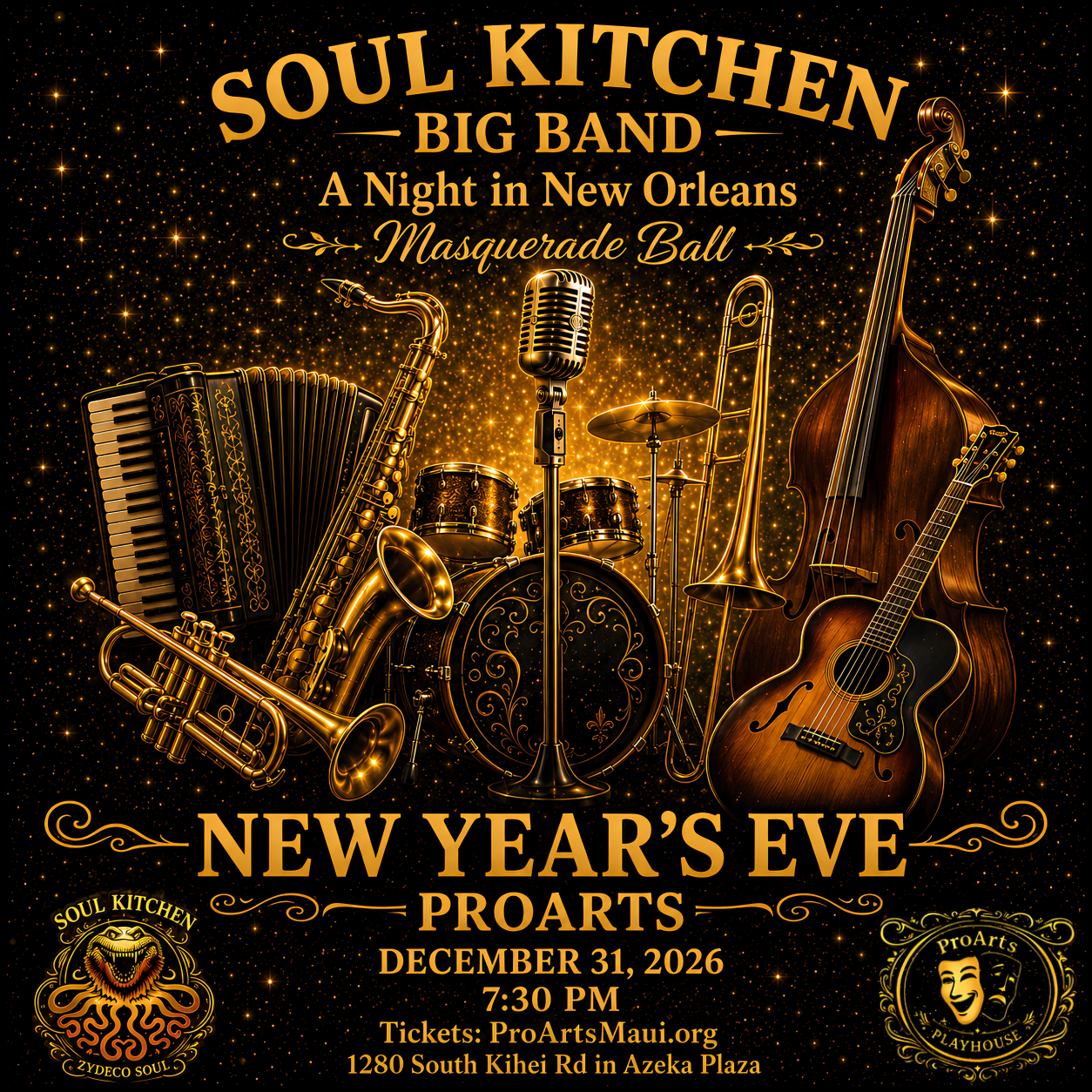 Original Soul Kitchen Big Band Instruments poster for A Night in New Orleans Masquerade Ball at ProArts, December 31, 2026 at 7:30 PM