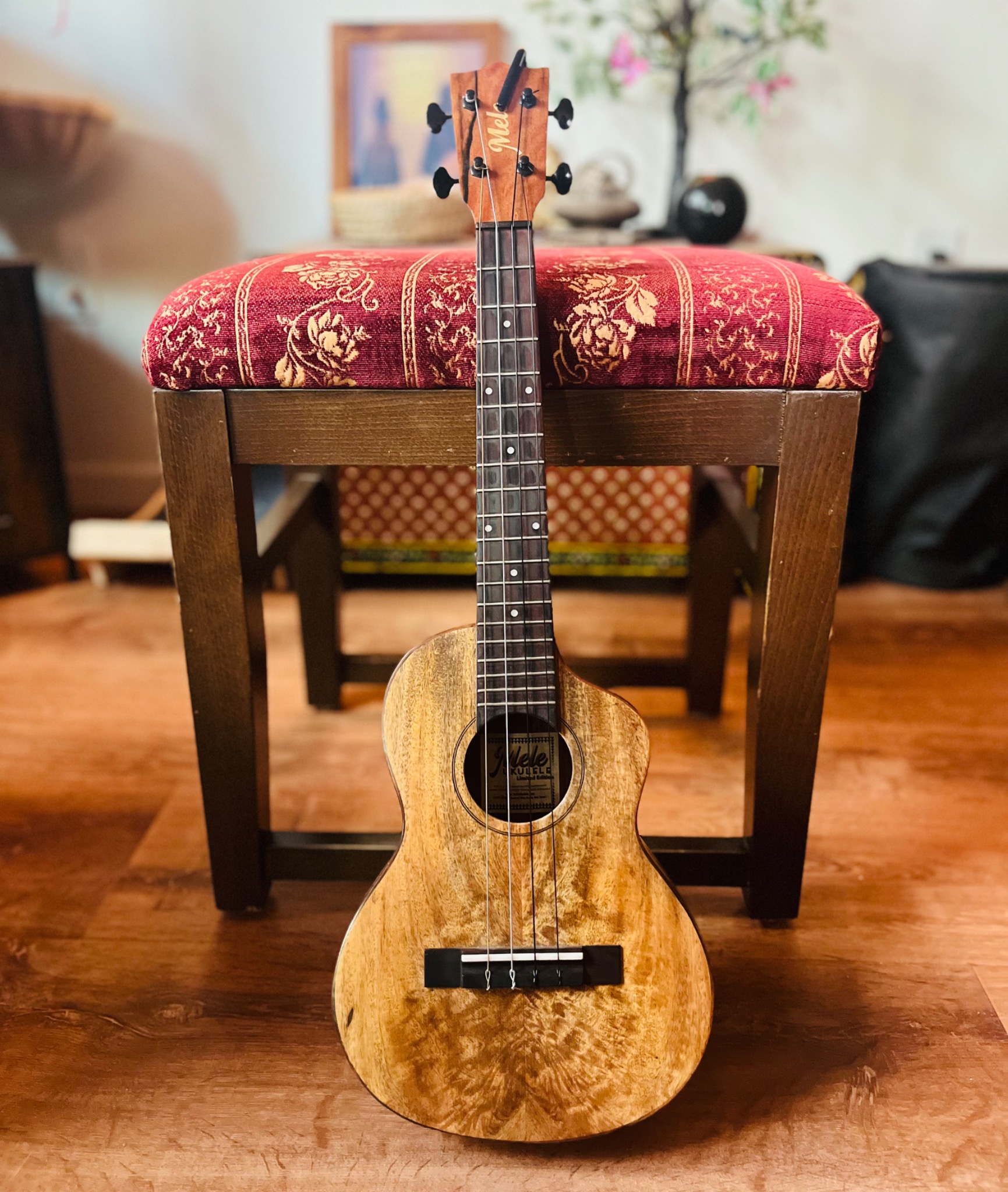 A ukulele beside a warm floor lamp in Music Medicine Studio